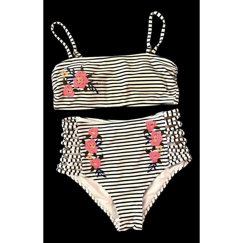 NWOT Hollister 2 Pc. Swimsuit Striped Embroidered Top Ltly Padded Highrise Sz S